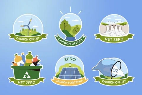 Set icons of net zero and carbon footprint Stock Illustration