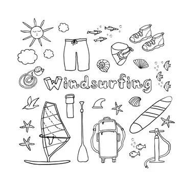A Set of Icons of Objects for Windsurfing. Ilustración de archivo