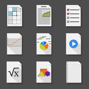 Set of icons of office documents in a flat style on a dark gray background Illustrazione stock