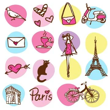 Set of icons. Paris theme. Labels, stickers. Graohic design element. Illustrazione stock