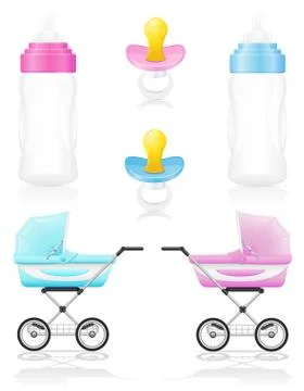 Set icons perambulator bottle pacifier pink and blue illustration Stock Illustration