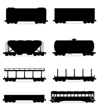 Set icons railway carriage train black outline silhouette vector illustration Illustrazione stock
