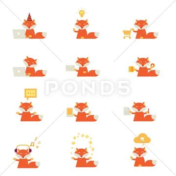 Set of icons with a red fox Stock Illustration