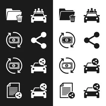 Set of icons representing car sharing, finance, document management, and da.. Stock Illustration