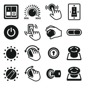 Set of icons representing various control elements like light switches, rot.. Stockillustratie