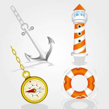 Set of icons from the sea, including lighthouse, life float, compass and anchor, Ilustración de archivo