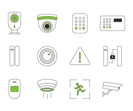 Set of Icons Security systems for smart home. CCTV cameras, opening sensor,.. Stock Illustration