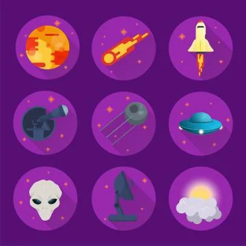 A set of icons on a space science theme for the design of a UFO telescope pla Stock Illustration