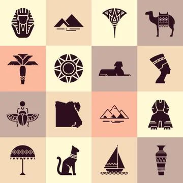 Set of icons in the style of flat design on the theme of Egypt. Stock Illustration