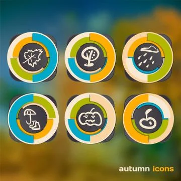 Set of icons on a theme of autumn on a background of defocused autumn leaves Stock Illustration