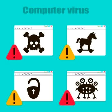 Set of icons on the theme of computer viruses, Trojan horse, castle, virus, s Illustrazione stock