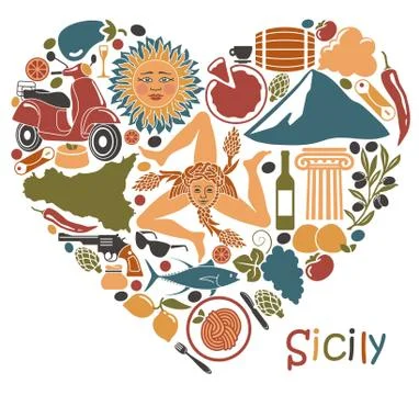 Set of icons on a theme of Sicily in the form of a heart Stock Illustration