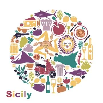 Set of icons on a theme of Sicily in the form of a circle Stock Illustration