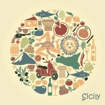 Set of icons on a theme of Sicily in the form of a circle Stock Illustration