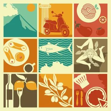 Set of icons on a theme of Sicily Stock Illustration