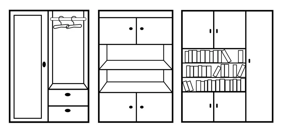 Set of icons three different cabinets, furniture in black and white. Vector i Stock Illustration
