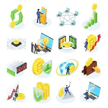 A set of icons on the topic of crypto currency and bitcoin, people in busines Stock Illustration