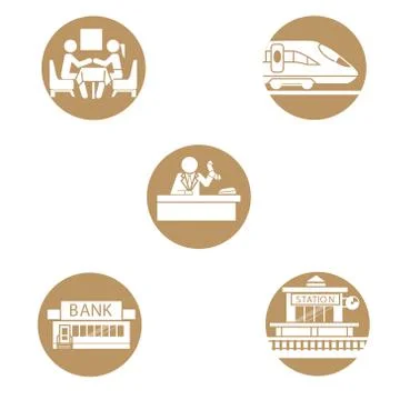 Set of icons train theme. Cafe restaurant at train, station, train, operator, Stock Illustration