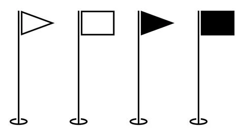 Set of icons, triangular and finishing golf flag on pole. Golf hole on course Illustrazione stock