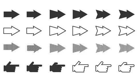 Set of icons of various styles of arrows and directional hands Stock Illustration
