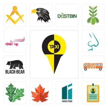 Set of, id card, lorem ipsum, maple leaf, oak black bear, nose, make up icons Illustrazione stock gratuita