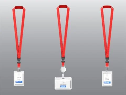 Set of ID cards, badges with red lanyards Stock Illustration