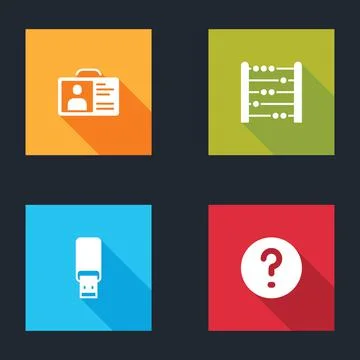 Set Identification badge, Abacus, USB flash drive and Speech bubbles with Que Illustrazione stock