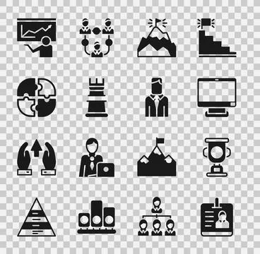 Set Identification badge, Award cup, Computer monitor, Mountains with flag,.. 스톡 일러스트