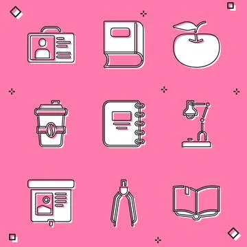 Set Identification badge, Book, Apple, Coffee cup to go, Notebook, Table lamp Stock Illustration