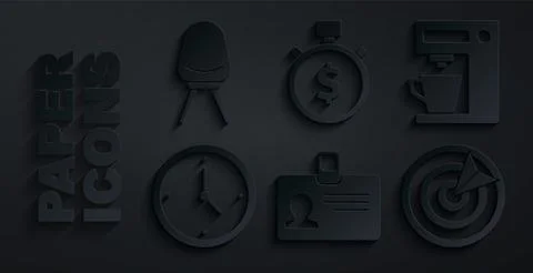 Set Identification badge, Coffee machine, Clock, Target sport, Time is money and Illustrazione stock