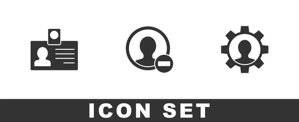 Set Identification badge, Create account screen and Human with gear icon. Vector Illustrazione stock