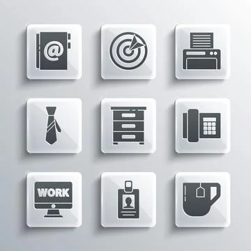 Set Identification badge, Cup of tea with tea bag, Telephone, Drawer documents Stock Illustration