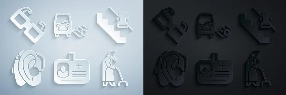 Set Identification badge, Disabled elevator, Hearing aid, Grandmother, car and 스톡 일러스트