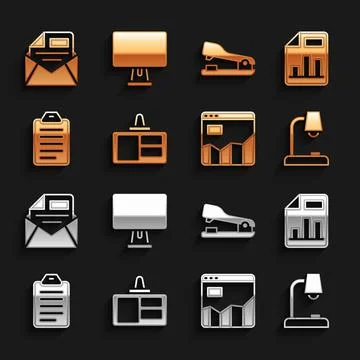 Set Identification badge, Document with graph chart, Table lamp, Graph Stock Illustration