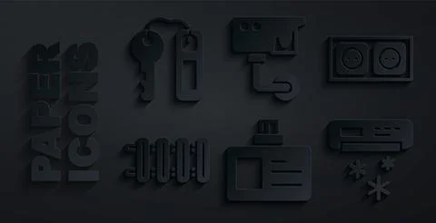 Set Identification badge, Electrical outlet, Heating radiator, Air conditio.. Illustrazione stock