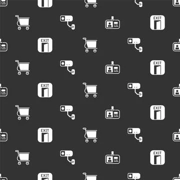 Set Identification badge, Fire exit, Shopping cart and Security camera on sea Stock Illustration