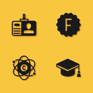 Set Identification badge, Graduation cap, Atom and Exam paper with incorrect Stock Illustration