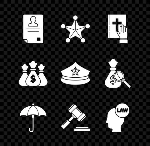 Set Identification badge, Hexagram sheriff, Oath the Holy Bible, Umbrella, Judge Stock-Illustration