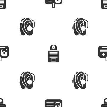 Set Identification badge, Intercom and Hearing aid on seamless pattern. Vector Stock Illustration