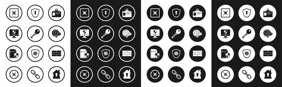Set Identification badge, Key, Computer monitor and shield, Safe, Globe key Stock Illustration