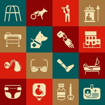 Set Identification badge, Patient with broken leg, Medical hospital building Ilustración de archivo