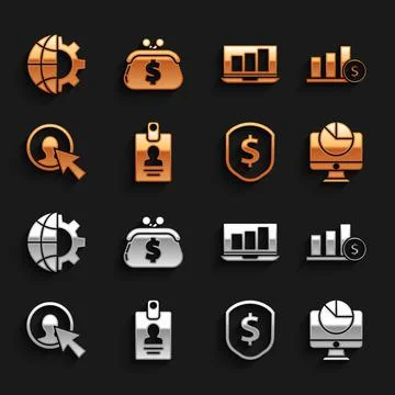 Set Identification badge, Pie chart infographic and dollar, Computer monitor Illustrazione stock