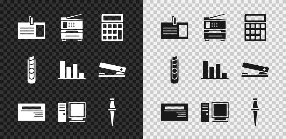 Set Identification badge, Printer, Calculator, Business card, Computer monitor Stock Illustration