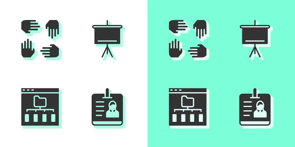 Set Identification badge, Project team base, Browser files and Chalkboard icon 스톡 일러스트