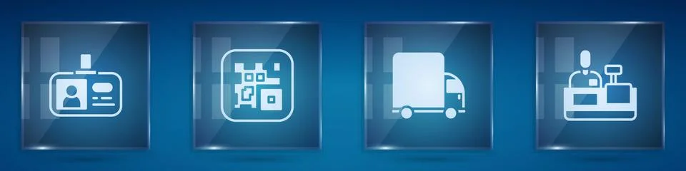 Set Identification badge, QR code, Delivery cargo truck and Cashier cash Stock Illustration
