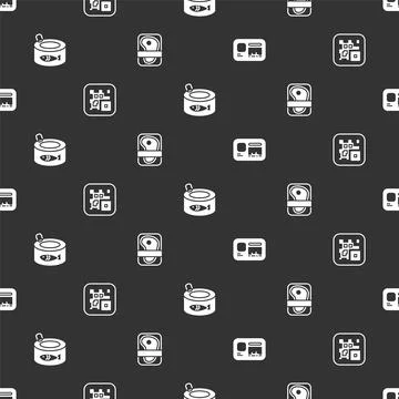 Set Identification badge, QR code, Canned fish and Meat packaging steak on Stock Illustration