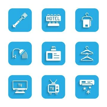 Set Identification badge, Retro tv, Air conditioner, Hanger wardrobe, Smart Tv Stock Illustration