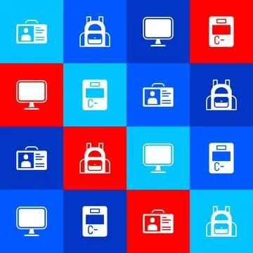 Set Identification badge, School backpack, Computer monitor and Exam paper with Illustrazione stock