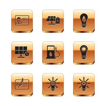 Set Identification badge, Signed document, Light bulb with gear, Bio fuel Stock Illustration