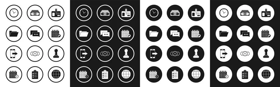 Set Identification badge, Speech bubble chat, Document folder, Clock, Calendar Stock Illustration
